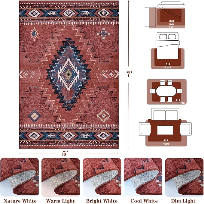 Yinhua Western Living Room Rug 5x7, Washable Area Rugs for Bedroom, Rust | Low-Pile Area Rug Non-Slip with Rubber Backing, Fall Non-Shedding Carpet for Dining Table Office Nursery