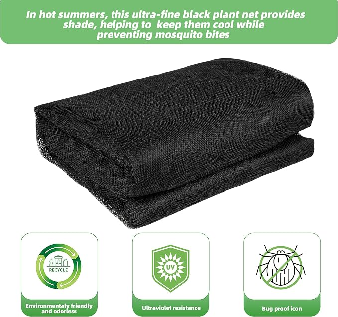 U0U Garden Mesh Netting Kit,7.8 x 24 Ft Plant Netting with Hoops,Bird Net for Garden with 6 Sets Garden Hoops & 18 Clips,Garden Net Bed Cover for Plants Birds Animals Protection (Black)