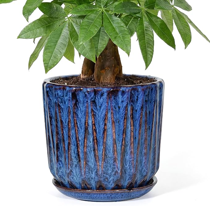 10 Inch Ceramic Planter Pot with Saucer Drainage Leak-Proof Mesh,Flower Pots for Indoor Plants with Gardening Gloves,Ceramic Planter(Peacock-Blue)