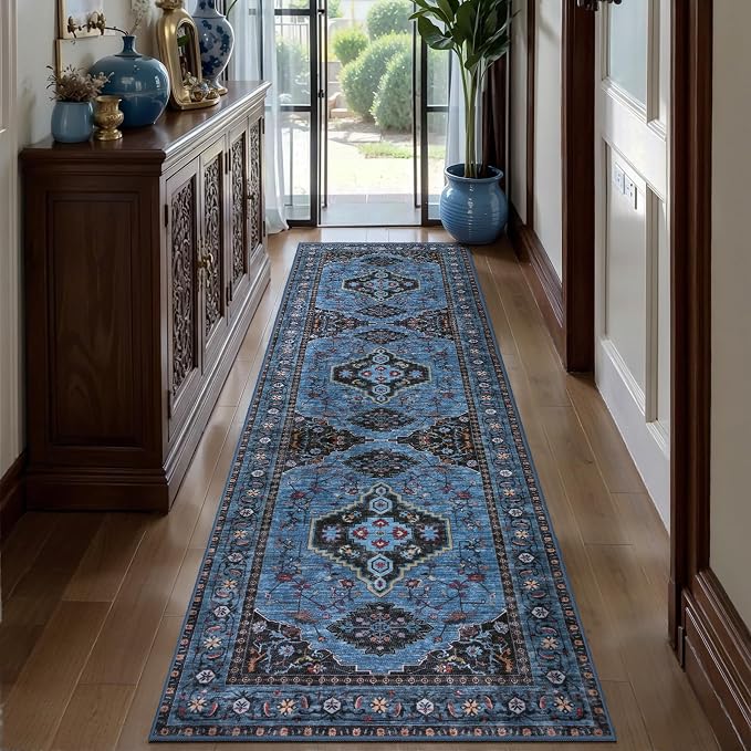 Tangsoo Blue 2.6x10 Washable Hallway Runner Rug,Vintage Non Slip Runner Rug | Oriental Soft Low Pile Long Rug Runner, Boho Print Carpet Runners for Hallway Kitchen Bedroom Entryway Living Room Blue Black