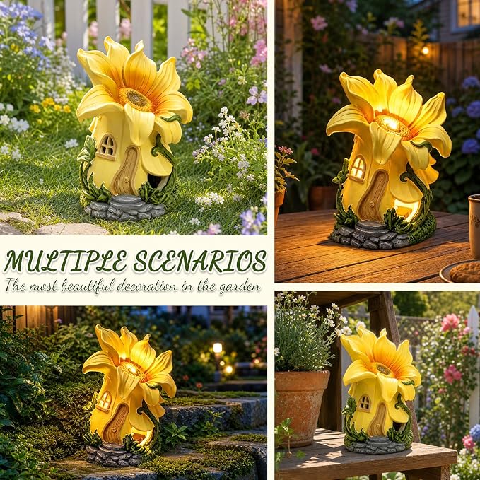 Fairy Garden House with Solar Light,Outdoor Figurine Lights Garden Statues,Yard Decorations Outdoor Fairy Garden Accessories,Decor Gifts for Mom Women (Sunflower)