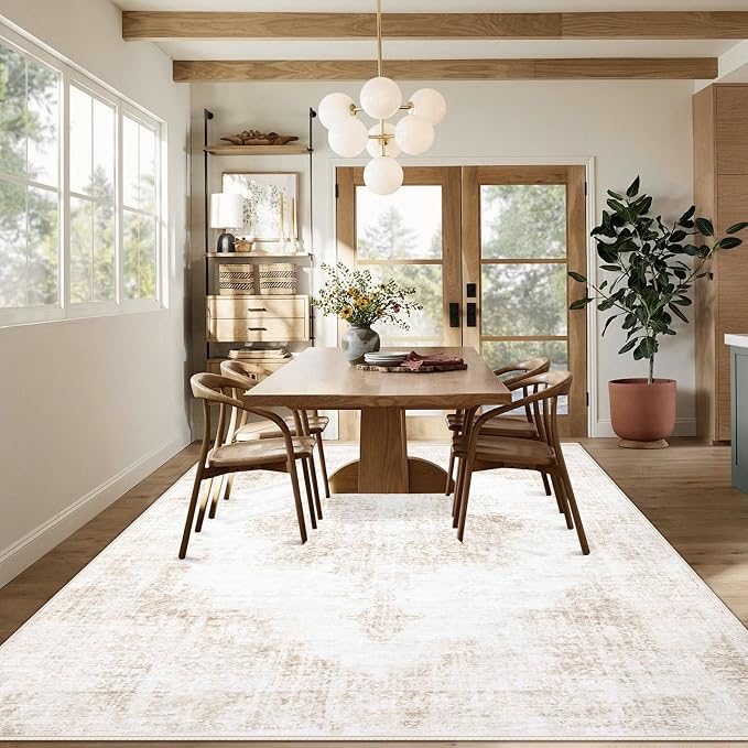 Area Rugs 8x10 Vintage Rug: Large Washable Living Room Rug Retro Medallion Distressed Rugs Soft Low Pile Non-Slip Indoor Floor Carpet for Bedroom Kitchen Nursery Dining Table Office (Beige, 8'x10')