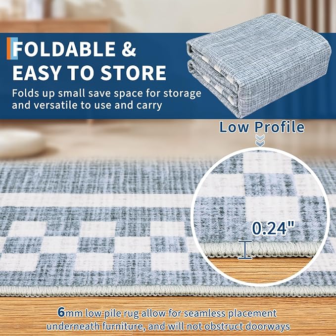 GarveeHome Washable Area Rugs 10x13 Non Slip Soft Large Living Room Rug | Modern Checkered Bedroom Rug Soft Geometric Bordered Throw Carpet for Dining Room Home Decor Office Nursery, Blue