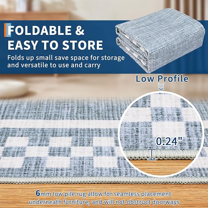 GarveeHome Small Washable Area Rug 2x3 Modern Checkered Entry Bedroom Rug | Solid Color Scalloped Kitchen Rugs Non Slip Stain Resistant Bordered Throw Carpet for Living Room Nursery Laundry, Blue