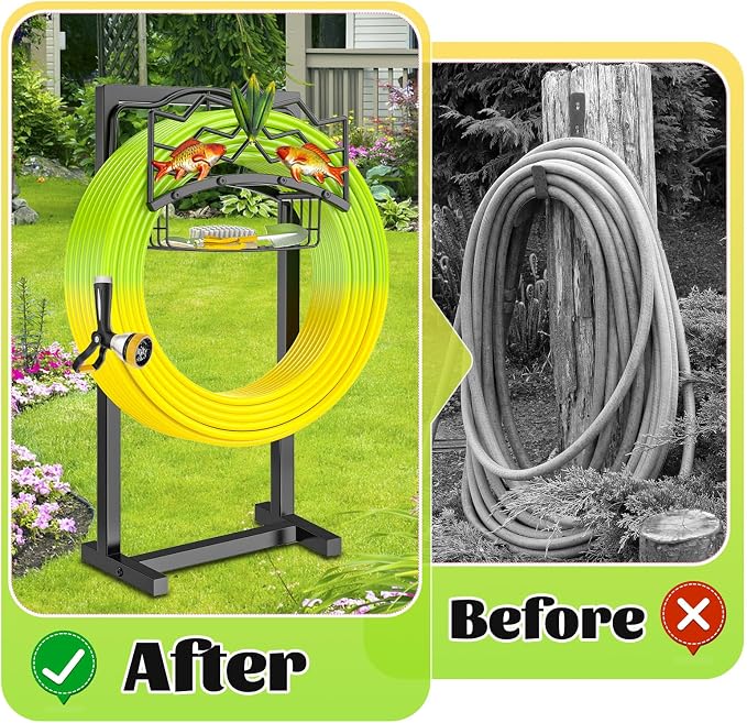 Freestanding Garden Hose Holder, Heavy Duty Black Metal Hose Rack with Storage Basket & 4 Spikes, Holds 150FT Water Hose for Yard Lawn Patio Decor