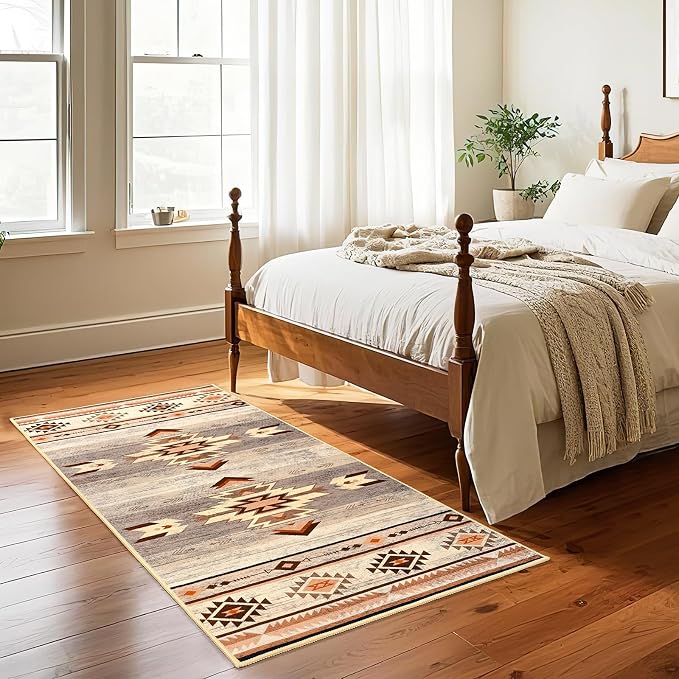 BENRON Western Hallway Runner Rug 2x4, Long Runners for Kitchen, Warm Beige | Southwest aztec Rug, Accent and Tribal Throw Rugs for Bedroom, Washable