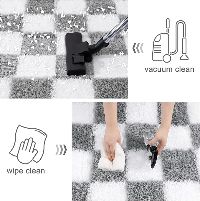 Checkered Rugs for Bedroom, 4x6 White and Grey Ultra Fluffy Fuzzy Shag Area Rug for Living Room, Modern Plush Soft Upgrade Non-Slip Carpet for Kids Girls and Boys Room Dorm Nursery Home Decor