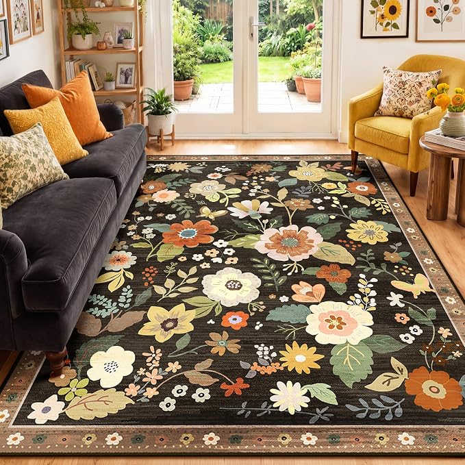 RELEANY Floral Washable 6x9 Area Rugs Black/Yellow | Flower Carpet, Print, Boho, Non-Slip, Easy to Clean, Soft, Low Pile for Living Room Bedroom Kitchen Office Entryway Hallway