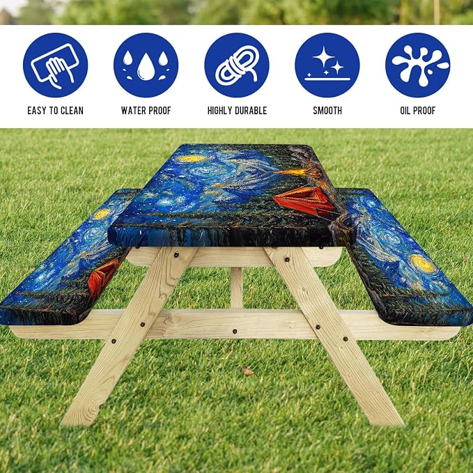 Picnic Table Cover with Bench Covers Elastic Edges, Forest Night Sky Camper Fitted Table Cover, Outdoor Patio Camping Essentials 3PCS, 60in, Waterproof Camping Fitted Tablecloth with Drawstring Bag