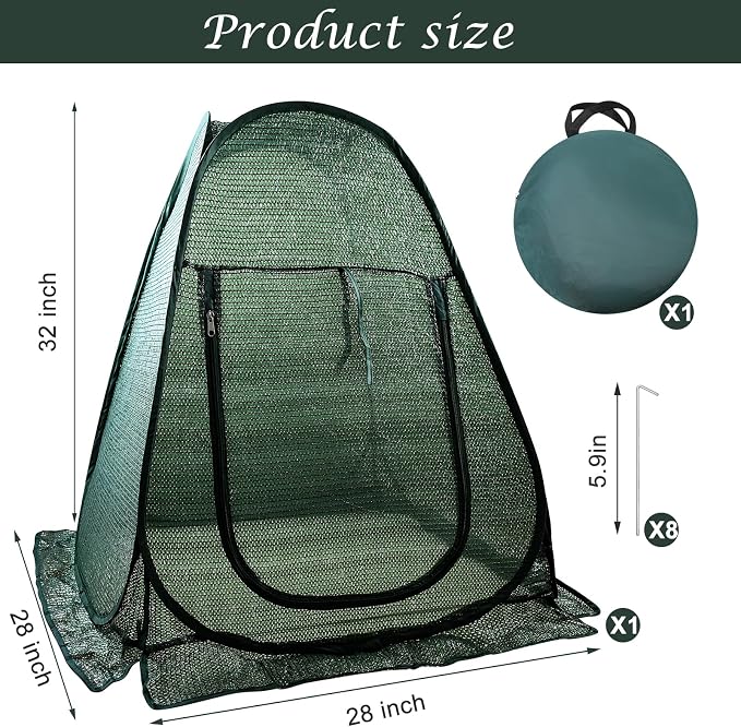 1 PCS Pop up Plant Cover Tent for Outdoor Plants, Large Plant Shade Tent 80% UV Resisitant Sunblock Shade Cloth Net Zipper Door Garden Pest Guard Plants Sun Protection with Stakes, 28 x 28 x 32 Inch