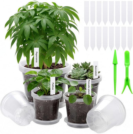 5/6/7/10 Inch Clear Nursery Pots with Drainage & Saucers 16PCS , Plant Large Pots with Labels, Seedling Tool & Hole Puncher, Plastic Nursery Pots for Succulents, Seedings, Herbs, Flowers, Vegetables