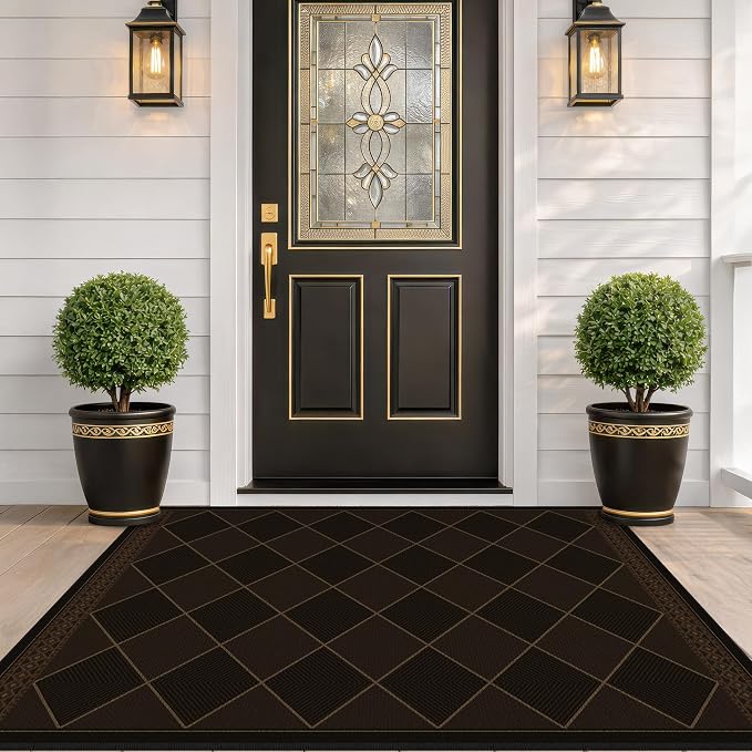 Checkered Easy Jute 3x5 for Porch Rugs Indoor Outdoor Decor, Washable Non Slip Entry Way Front Door Mat Outdoor, Farmhouse Patio Rug, Dark Brown Non Slip Daimond Carpet for Kitchen, Backyard, Laundry