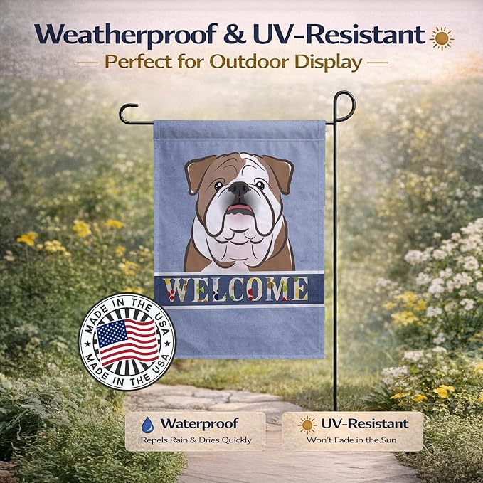 Caroline's Treasures BB1405GF English Bulldog Welcome Garden Flag, Blue Mailbox Flag Decorative Yard Flag Banner Outside Patio Artwork Yard Flower Beds, Garden Size, Multicolor