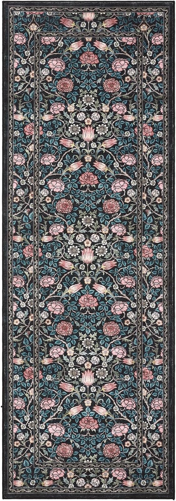 GarveeHome Blue Floral 2x6 Kitchen Runner Rug for Hallways | Washable Entryway Bedroom Bathroom Dorm Rug Vintage Boho Rugs Low-Pile Non-Slip Stain Resistant TPE Backing