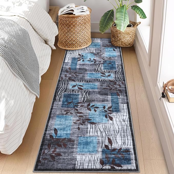 GarveeHome Washable Runner Rug 2x6 Modern Floral Rug Geometric Runners Grey Hallway Runner Carpet Soft Kitchen Low-Pile Bathroom Mat for Bedroom Laundry Hallway 2x6