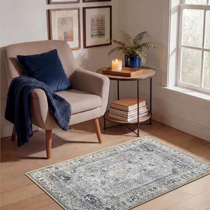 Keen Home Design Vintage Washable Entryway Rug, Non-Slip Low Pile, 2x3 | Machine Washable Cotton Chenille, 0.25In Low Pile, Rubber Non-Slip Back; Kitchen, Entryway, Bathroom, Bedside