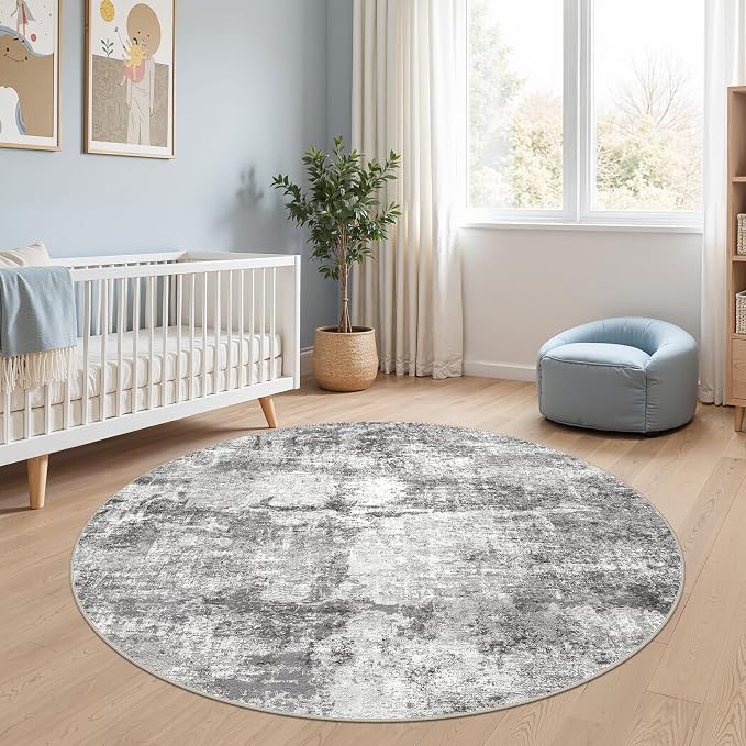DMOYEST 5ft Round Area Rug for Living Room Washable Non Slip Circle Rug | 5x5 Neutral Modern Abstract Low Pile Rugs Kid & Pet Friendly Soft Carpet for Bedroom and Dining Room - Grey