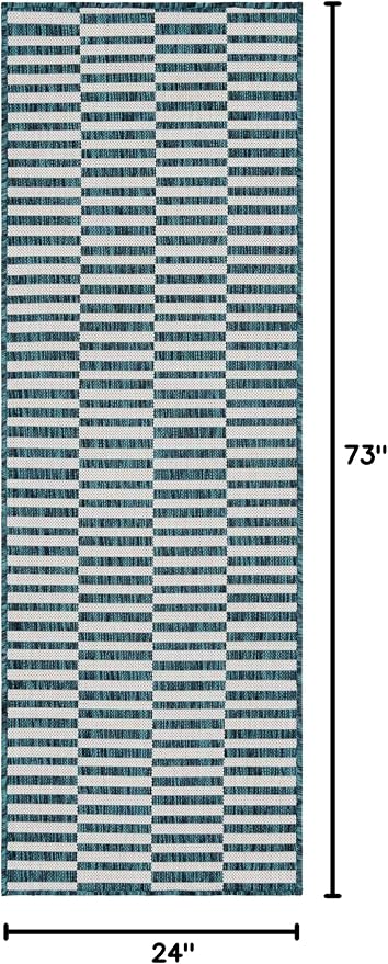 Unique Loom Outdoor Striped Collection Area Rug - Striped (2' x 6' 1" Runner, Teal/Ivory)