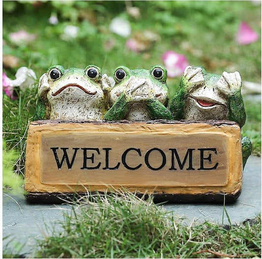 10.43"W Miniature Frog Solar Garden Statue, Three Wise Frogs Resin Lighted Welcome Sign, Outdoor Fairy Garden Accessories, Housewarming Gift for Patio, Yard, Porch, Entryway, Balcony, Lawn Ornament
