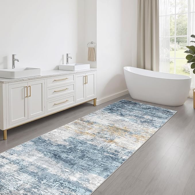 LOONGRUG Runner Rug 2x6 Machine Washable Non-Slip Kitchen Rug Blue Gold | Neutral Abstract Modern Soft Stain Resistant Indoor Accent Throw Carpet for Hallway Bathroom Laundry Room Bedroom Entryway