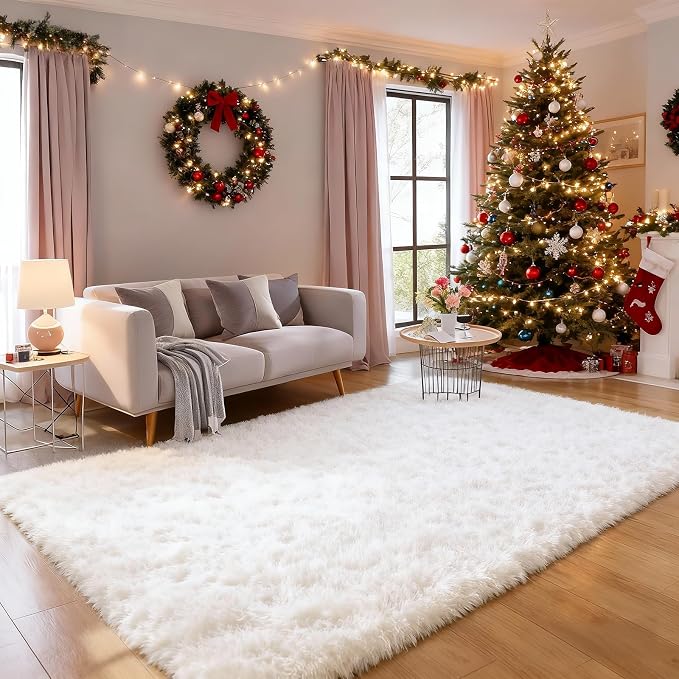 White Area Rugs for Bedroom, Fluffy Washable 4x6 | Upgrade Non-slip, 4 x 6 Shaggy Rug for Living Room Dorm, High Pile Fuzzy Shag Plush Carpet Girls Kids Room, Flame Resistant
