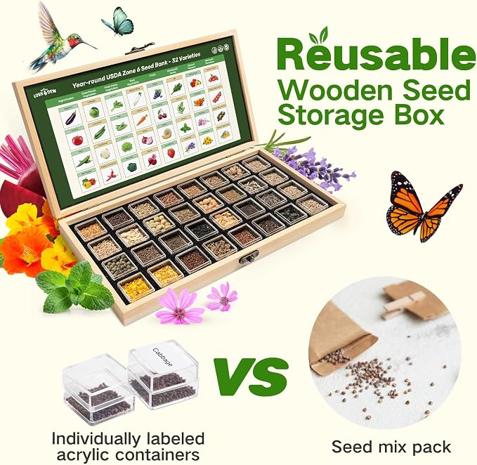 Lush&Dew Year-Round USDA Zone 6 Heirloom Survival Seed Kit, 32 Varieties 30,000+ Non-GMO Seeds for Planting Vegetables Herbs, Gardening Gifts for Women Men, Raised Beds, Indoor Outdoor Home Gardens