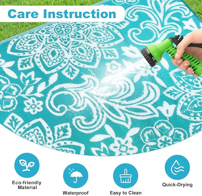 Findosom Waterproof Outdoor Rug 6' x 9' - Reversible Mandala Outdoor Plastic Straw Rug, Durable Foldable Patio Rug for RV, Deck, Balcony, Backyard, Picnic, Porch, Camping, Beach, Blue