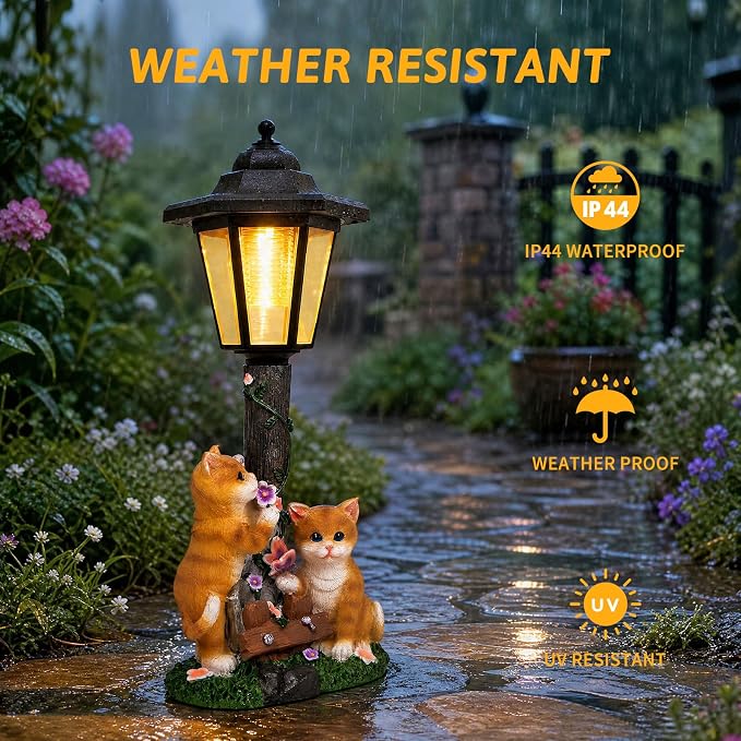Solar Cat Garden Decor, Outdoor Statues with LED Lantern Cat Figurine for Outside Patio Yard Backyard Gifts for Mother's Day Birthday Housewarming