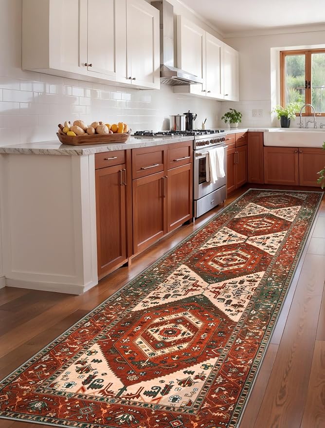 SERISSA 2'6"x12' Washable Non Slip Boho Runner Rug for Hallway | Ultra Soft Vintage Oriental Carpet Low-Pile Terracotta Green Floor Carpet for Kitchen Bedroom Entryway Bathroom Laundry Room