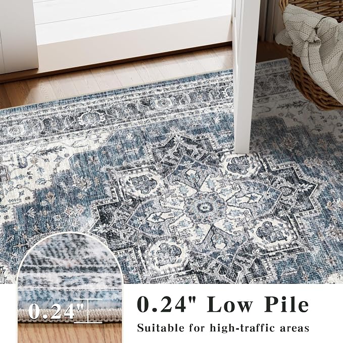 6x9 Area Rug for Living Room Soft Washable Vintage Area Rug | Non-Slip, Retro Print, Low Pile, Stain Resistant, Soft Washable Blue Carpet, for Bedroom, Dining Room, Nursery, Home Office