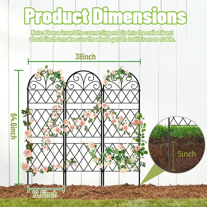 Garden Trellis for Climbing Plants, 3 Pack 38" Wx 64.6" H Rustproof Flower Trellis with Black Coating, Outdoor Climbing Rose Trellis Cucumbers Support for Courtyards Lawns (Diamond-Shaped Grid)