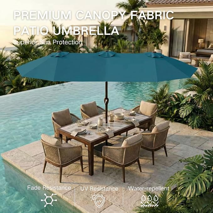 Kingdura 13ft Large Patio Umbrella with Base Included, Double-Sided Rectangle Outdoor Table Umbrella with 12 Reinforced Ribs, Crank Lift for Market Pool Deck Backyard, Lake blue
