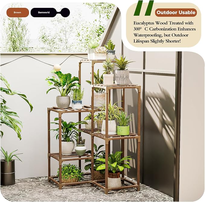 Bamworld Plant Stand Indoor Plant Shelf Outdoor Corner Wood Plant Table 7 Pots Flower Stands for Living Room Plant Rack Indoor for Multiple Plants Patio Balcony Garden Decor