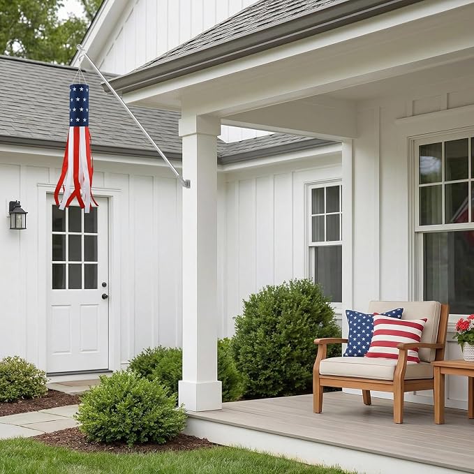Windsocks Kit for Outside House, 4th of July Decorations US Flag 40 Inch Wind Socks with 6FT Stainless Steel Flagpole with Flag Holder and Rings (Silver)