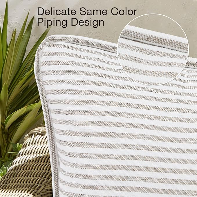 Unimatta Decorative Outdoor Water Repellent Throw Pillows with Inserts, Set of 4, 20" x12" Pillows for Patio, Backyard, Bed, Couch, and Patio Furniture, Tan Stripe