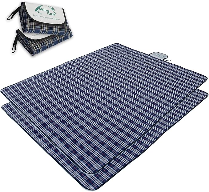 Wind Tour Waterproof Picnic Blanket with Carry Strap - Foldable Sandproof Outdoor Mat for Camping, Beach, Park - 59" x 71",Navy Blue(Two Mat Set)