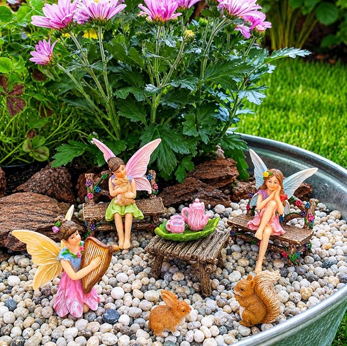 Mood Lab Fairy Garden Figurines - Miniature Decor Set (12 pcs) - Statues & Accessories - Outdoor & Indoor Garden Decor