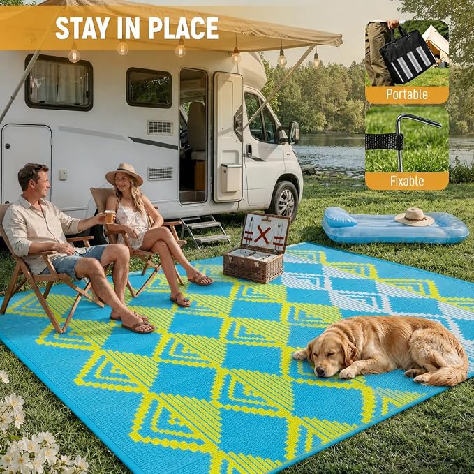 Lahome Outdoor Plastic Straw Rug, Reversible Outdoor Rug Waterproof 6x9 Patio Rugs, Camping Rugs for RV Backyard Deck Porch Picnic Beach Trailer (Blue/Yellow, 6' x 9')