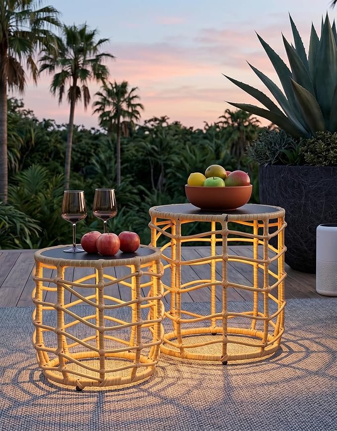 PARTPHONER Boho Solar Outdoor Side Table with Built-in Lights Set of 2, All-Weather Wicker Nesting Tables, Round Waterproof Accent End Table Design for Patio, Porch, Garden & Balcony, Natural Brown