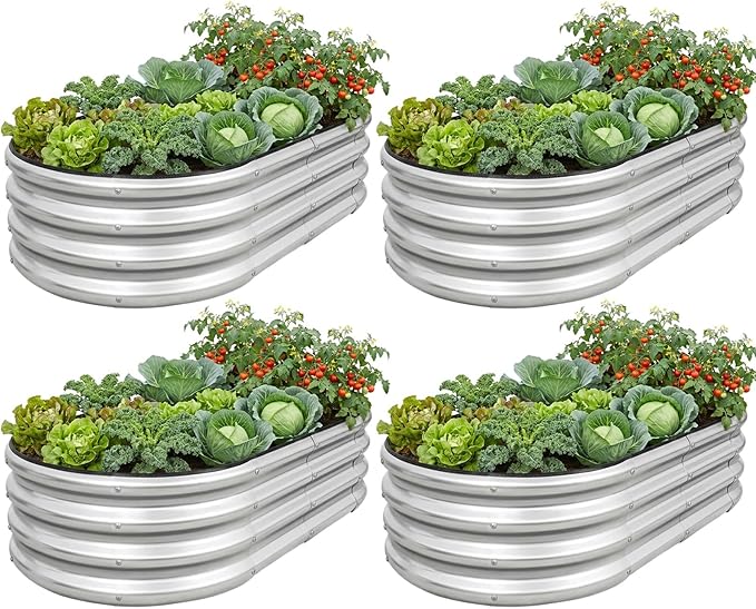 Galvanized Raised Garden Bed- Planter Garden Boxes Outdoor, Raised Beds for Gardening, 4x2x1ft Metal Garden Bed Kit for Vegetables Flower, Planter Raised Bed with Protective Tape & Tools.Silver-4pack