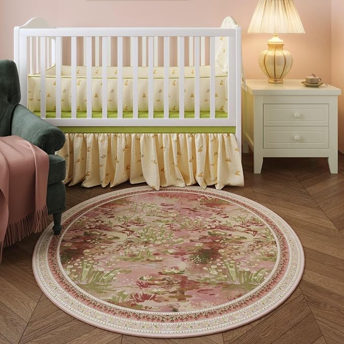 Rugcomf Circle Rug Impressionist-Style Vintage Round Rug 4ft Non Slip Low Pile Small Circular Rug for Bedroom Bathroom Entryway Kids Room Office College Dorm, Pink