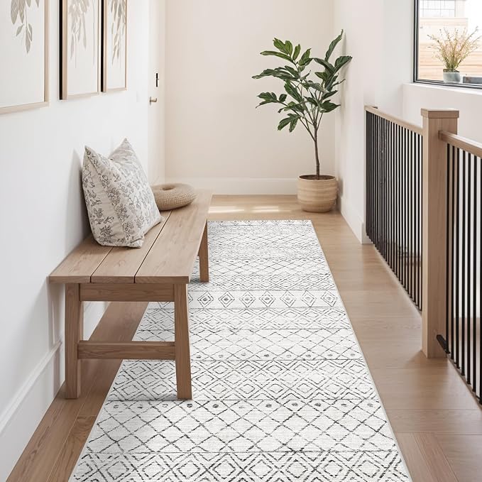 Hallway Runner Rug Washable 2'6"x8': Moroccan Non Slip Rugs Geometric Grey | Soft Indoor Floor Carpet Low Pile Mat with Rubber Backing for Living Room Kitchen Bedroom