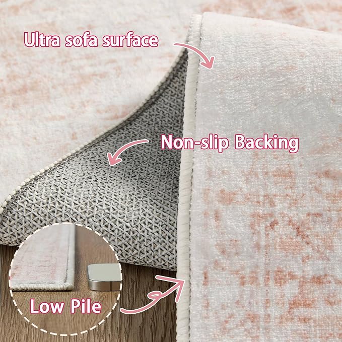 Latte&Fog 5x7 Pink Area Rugs for Girls Bedroom Washable Living Room Rugs | Non Slip Low Pile Soft Floral Cute Carpet for Dining Kitchen Kids Playroom Nursery Guest Room Classroom Dorm Farmhouse Office