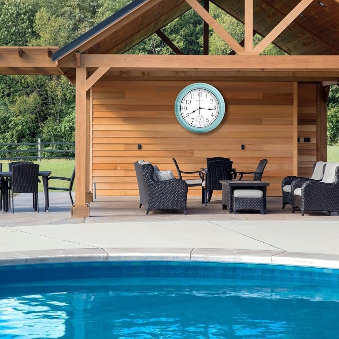 Crosstime 16 Inch Large Outdoor Clock Waterproof with Thermometer - Vintage Indoor Outdoor Wall Clocks for Patio,Pool,Garden,Home Decor - Teal
