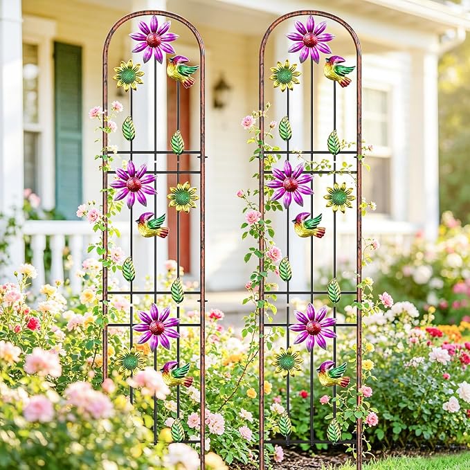 Metal GardenTrellis, Arched Fence Trellis Plant Support Trellises, Supporting Plants Outdoor Decoration for Climbing Plants Lawn Yard Patio Backyard Wall Brackets (Bird+Pink Flower)