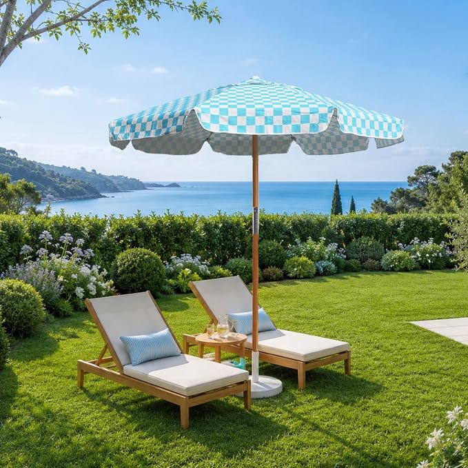 AMMSUN 7.8ft Outdoor Patio Umbrella, Boho Beach & Market Umbrella with UPF 50+ Water-Resistant Canvas, Ash Wood Pole, Air Vent and Carry Bag for Patios, Gardens, Decks and Poolside (Cyan Checker)