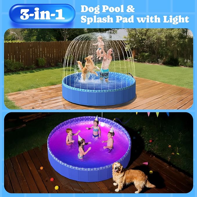 Pawtners Large Foldable Kiddie Pool with Sprinkler & RGB LED Light 72'' | Splash Pad, Wading Pool, Bathing Tub, Hard Plastic, Heavy Duty, Non-Slip, Durable, Scratch Resistant, Suitable for Backyard