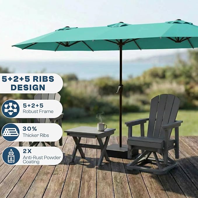 15FT Large Patio Umbrella with Base Included, Double Sided Outdoor Market Umbrella with Flexible Fiberglass Ribs, UV-Blocking Extra Large Umbrella for Garden, Pool, Deck, Turquoise Blue