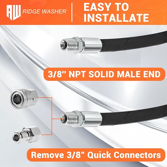 RIDGE WASHER Pressure Washer Whip Hose with Swivel, 3/8'' Power Washer Jumper Hose, Reel Connector Hoses for Pressure Washing with Adapter Set, 2 FT, 4000 PSI