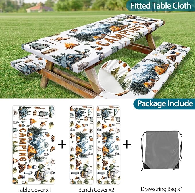Picnic Table Cover with Bench Covers Camping Tablecloth Fitted Picnic Picnic Table Cover with Elastic Windproof Waterproof, Outdoor & Garden Camping Accessories Essentials 96In 3PCS